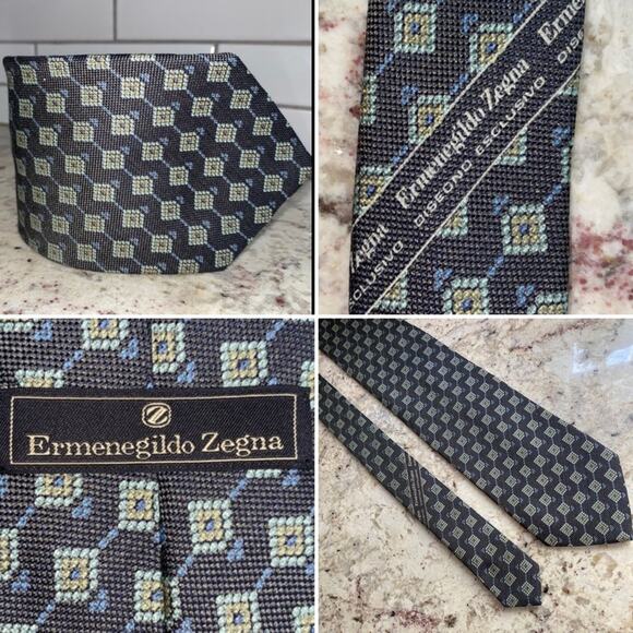 ERMENEGILDO ZEGNA $220 Mens Brown Yellow Gray Print Silk Necktie Tie EUC - Picture 1 of 10